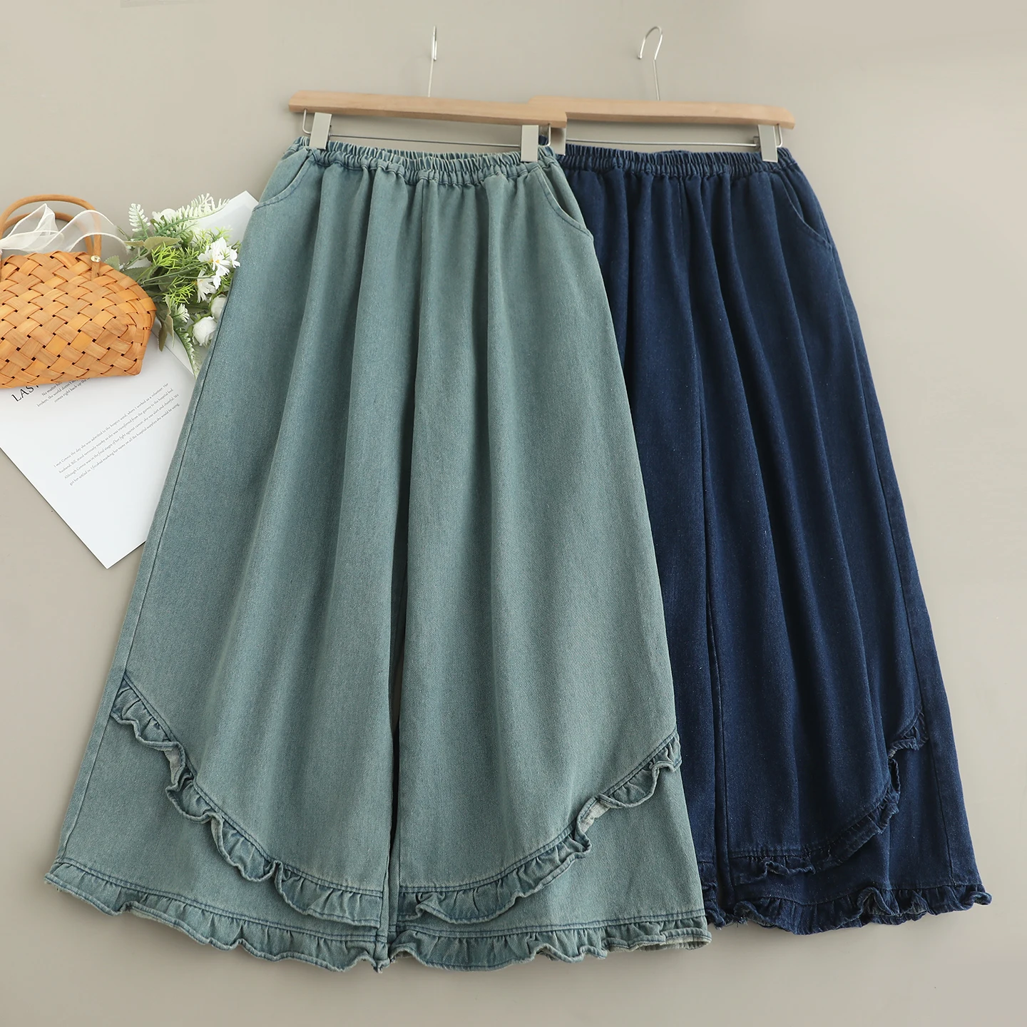 일본 빈티지 모리 걸 솔리드 컬러 데님 와이드 레그 팬츠 여성 가을 새로운 탄성 허리 캐주얼 루즈 스트레이트 청바지 바지