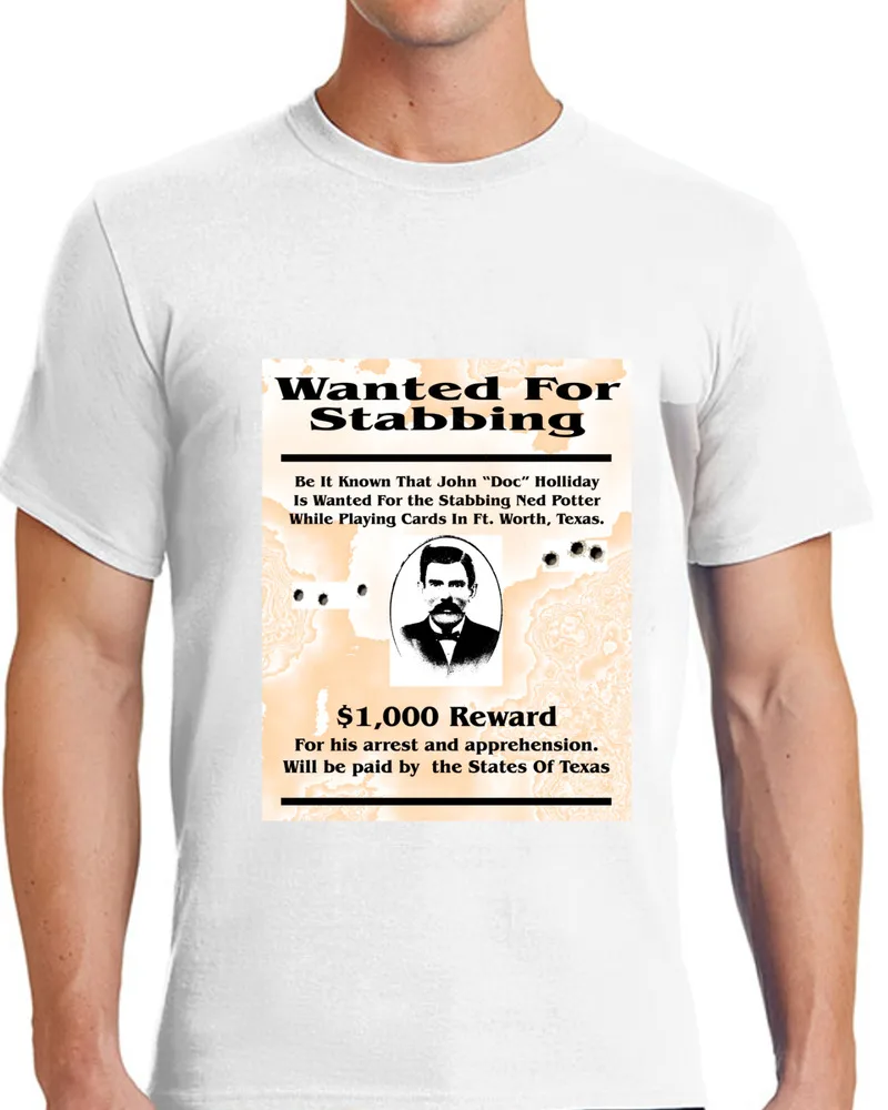 Doc Holliday Reward Poster Wanted T shirt for Men Apparel Short Sleeve Clothing  High Quality 100%Cotton Short Sleeve