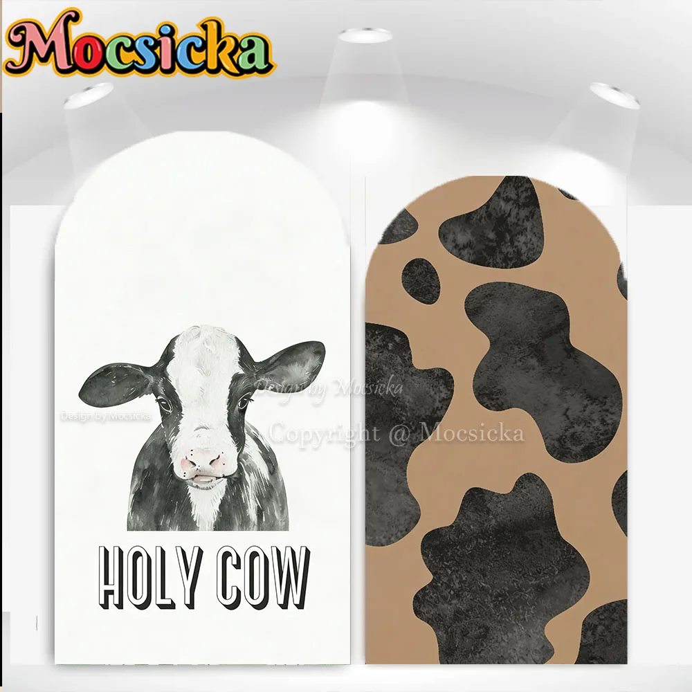 Mocsicka Holy Cow Custom 2-Sided  Arch Cover Backdrop Brown Cow Print Background Farm Baby Shower Kids 1st Birthday Party Photo