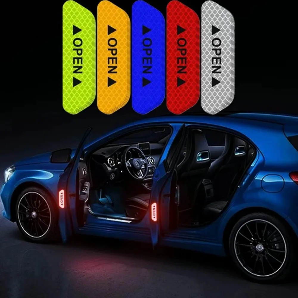4pcs Reflective Door Stickers Safety Open Warning Reflective Stripe Strip Stickers Automotive Decoration Interior Accessories