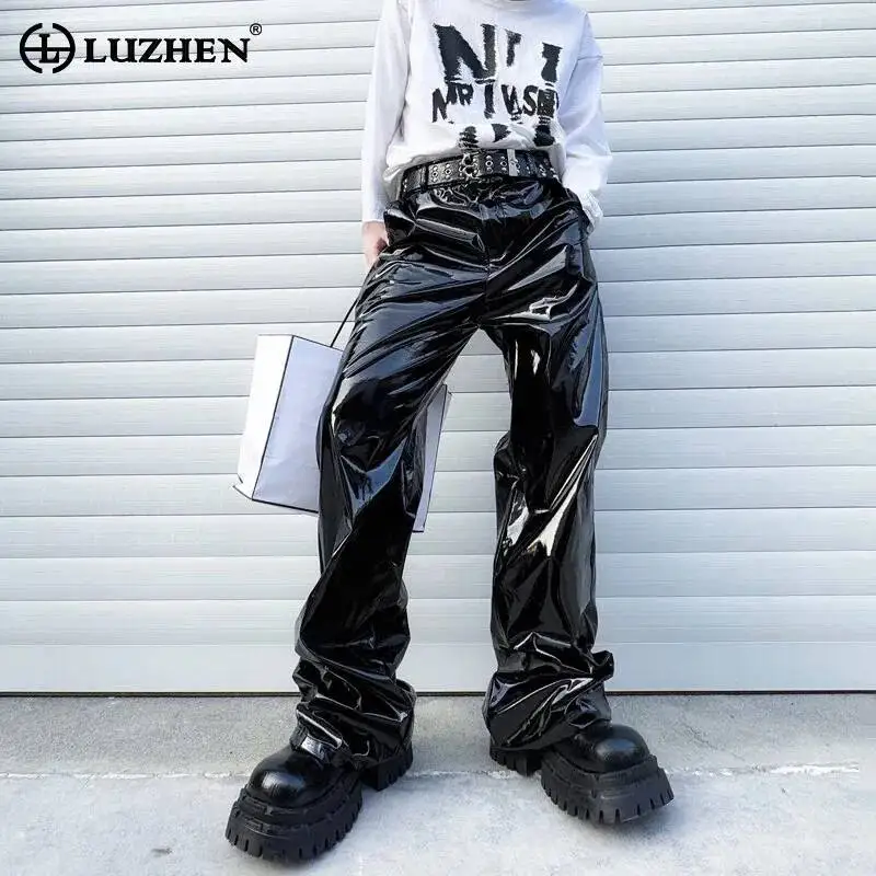 LUZHEN 2026 New High Quality Glossy PU Straight Casual Pants Men's Fashion Streetwear Solid Color Wide Leg Male Trousers JY7787