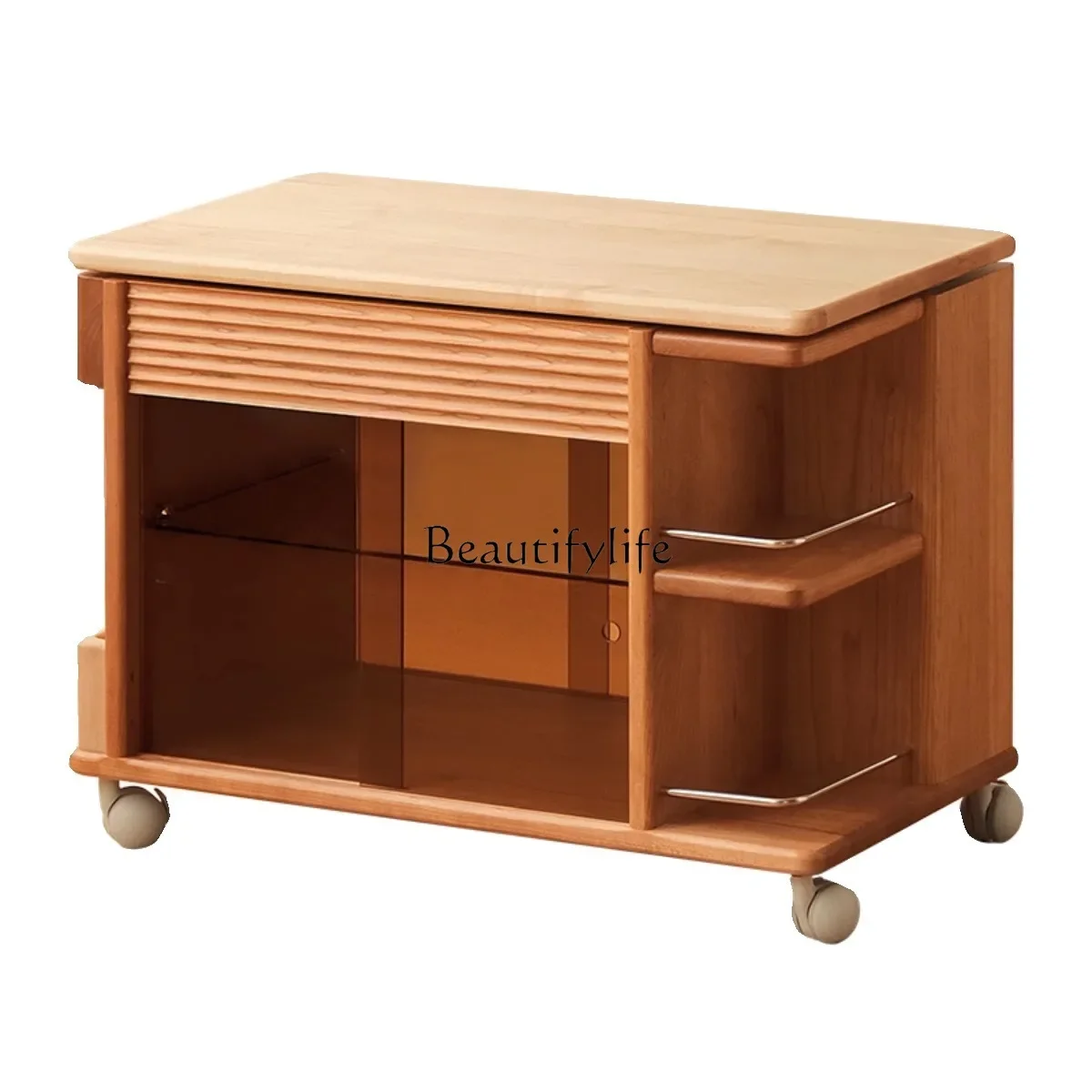 

Lifting cart movable coffee table Japanese cherry wood furniture tea cabinet