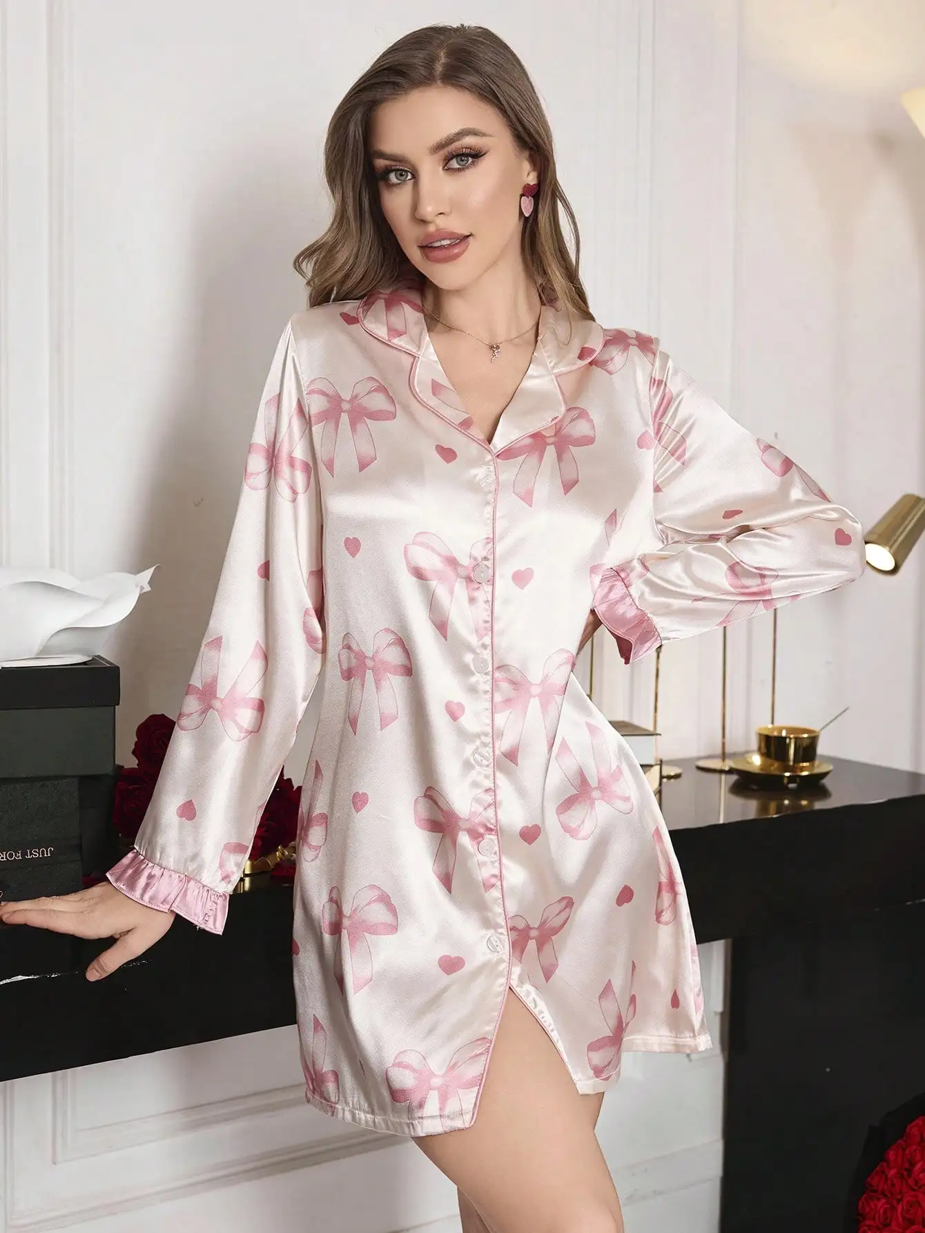

Pink Bow Print Faux Silk Sleep Dress for Women, Button-Down Collared Nightgown, Luxe Loungewear