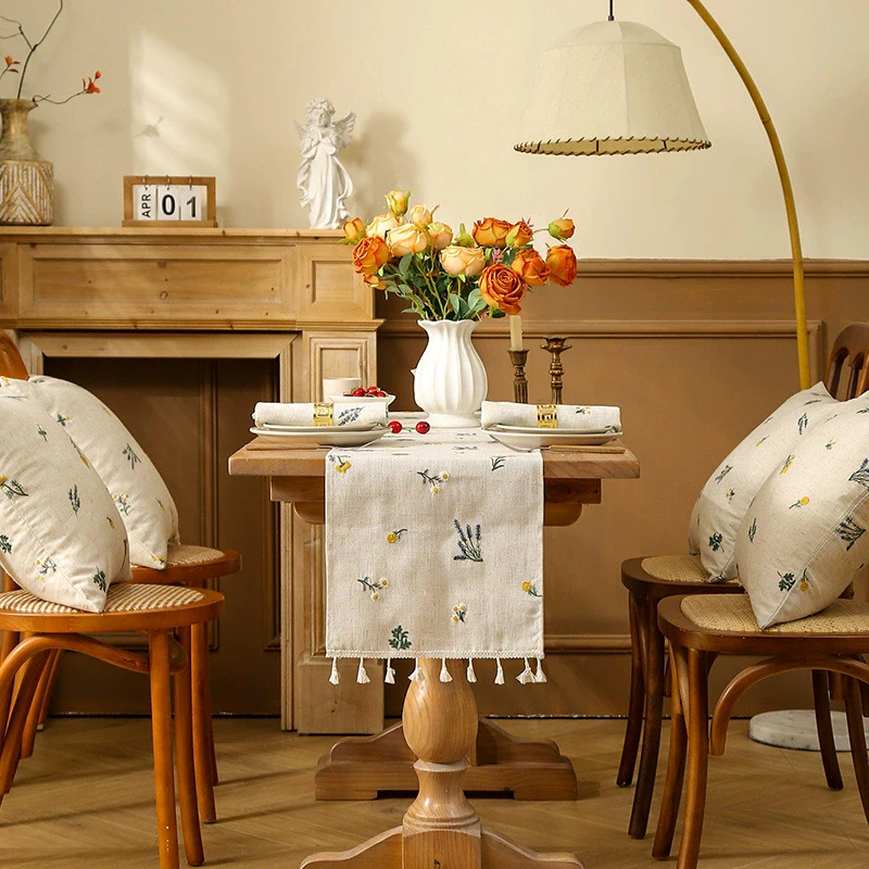 

Boho Embroidery Linen Table Runner 102 Inches Retro Floral Pattern Tea/Coffee Tables Decoration for Kitchen Dining Wedding Party