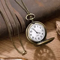 Antique Steampunk Vintage Roman Numerals Quartz Pocket Watch Bronze Case Necklace Pendant Clock Chain Mens Women 5