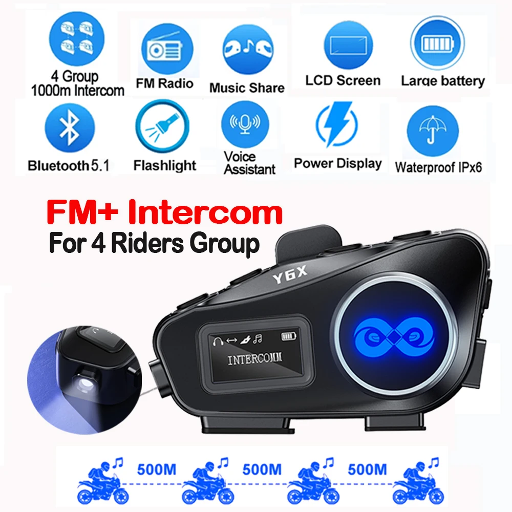 BT5.1 FM Motorcycle Helmet Intercom 1000M Interphone Headset Music Sharing IPx6 With LED Lighting for 4 Riders Group Talking