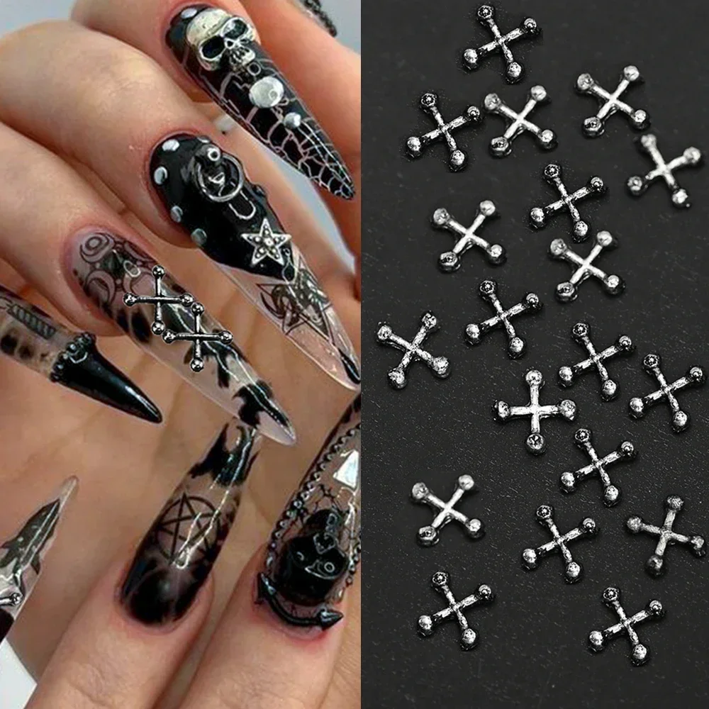 

20/10Pcs Punk Cross Metal 3D Nail Charms Halloweed Ancient Gold/Silver Alloy Nail Art Decoration 4/6mm Cross Manicure Supplies