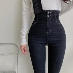 Vintage Black Skinny Jeans Women Button Up 2023 Spring High Waisted Chic Elastic Denim Pencil Pants Ladies Summer Sexy Bottoms