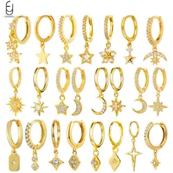 925 Stelings Silver Ear Needle Small Square Drop Earrings For Women Crystal Octagonal Star Sun Hoop Earrings Fashion Jewelry