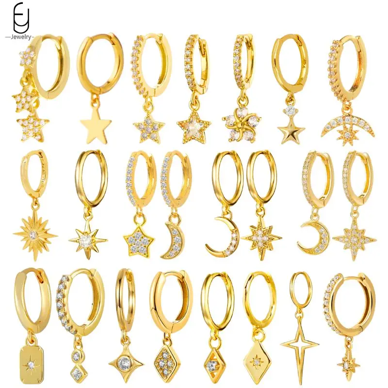 925 Stelings Silver Ear Needle Small Square Drop Earrings For Women Crystal Octagonal Star Sun Hoop Earrings Fashion Jewelry