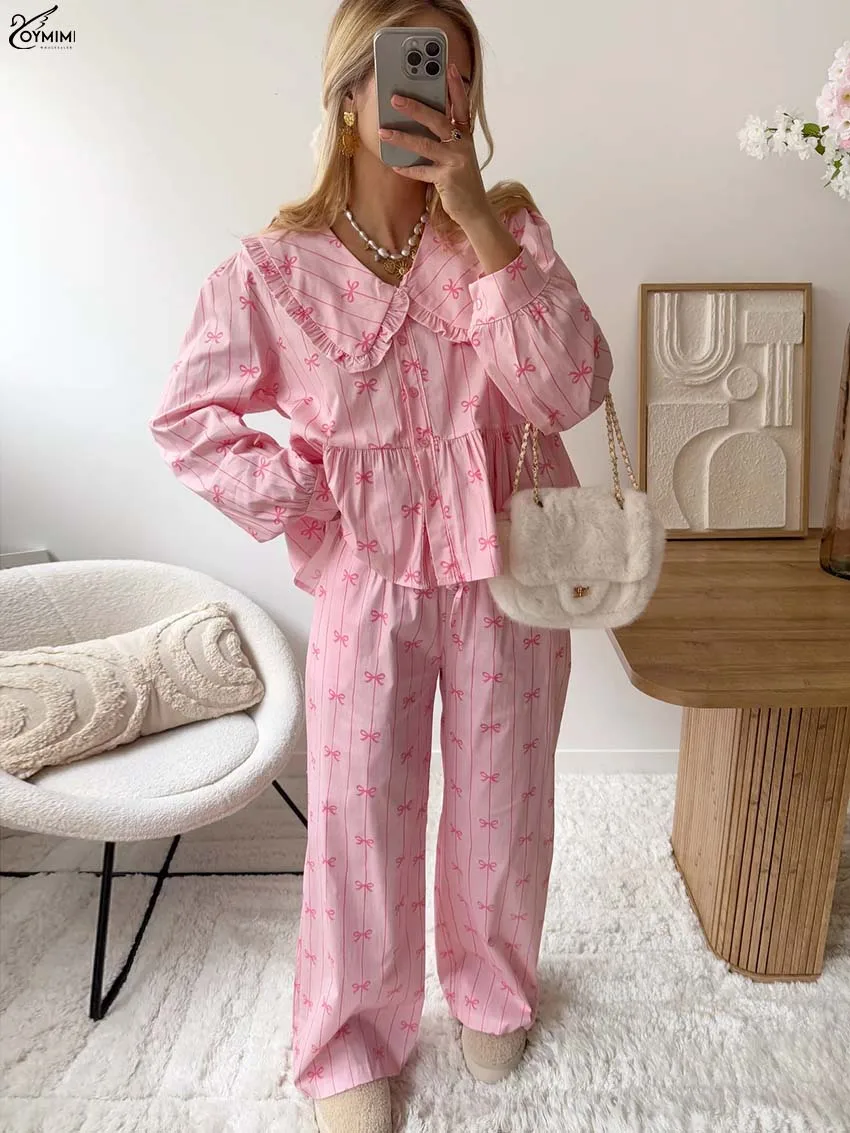 

Oymimi Autumn Pink Print 2 Pieces Set For Woman Elegant Peter Pan Collar Long Sleeve Button Shirts And Drawstring Trousers Sets