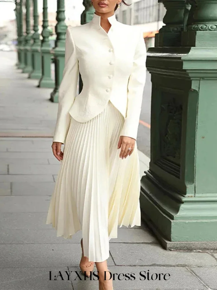 Eleganckie sukienki wieczorowe LAYXHS, dwuczęściowe, z długim rękawem, zapinane na guziki, w kształcie litery A, plisowane sukienki na studniówkę, szyte na miarę فساتين سهرة