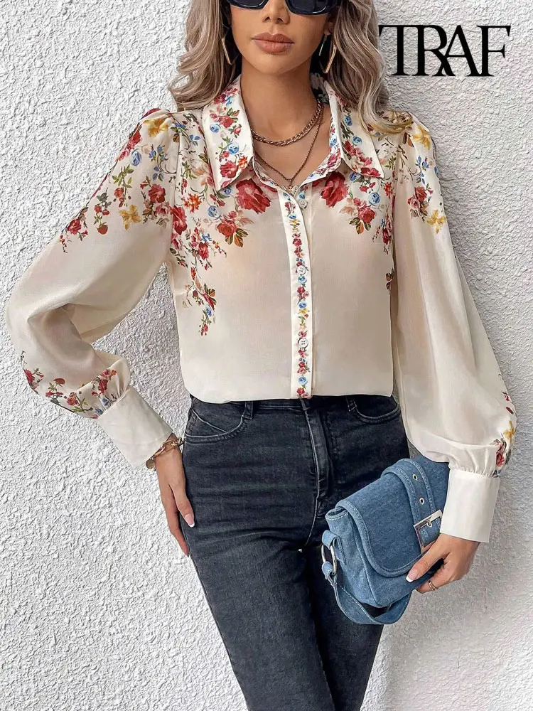 TRAF-Women\'s Floral Print Shirts, Semi Sheer, Long Sleeve, Button-up Tops, Female Blouses, Chic Fashion