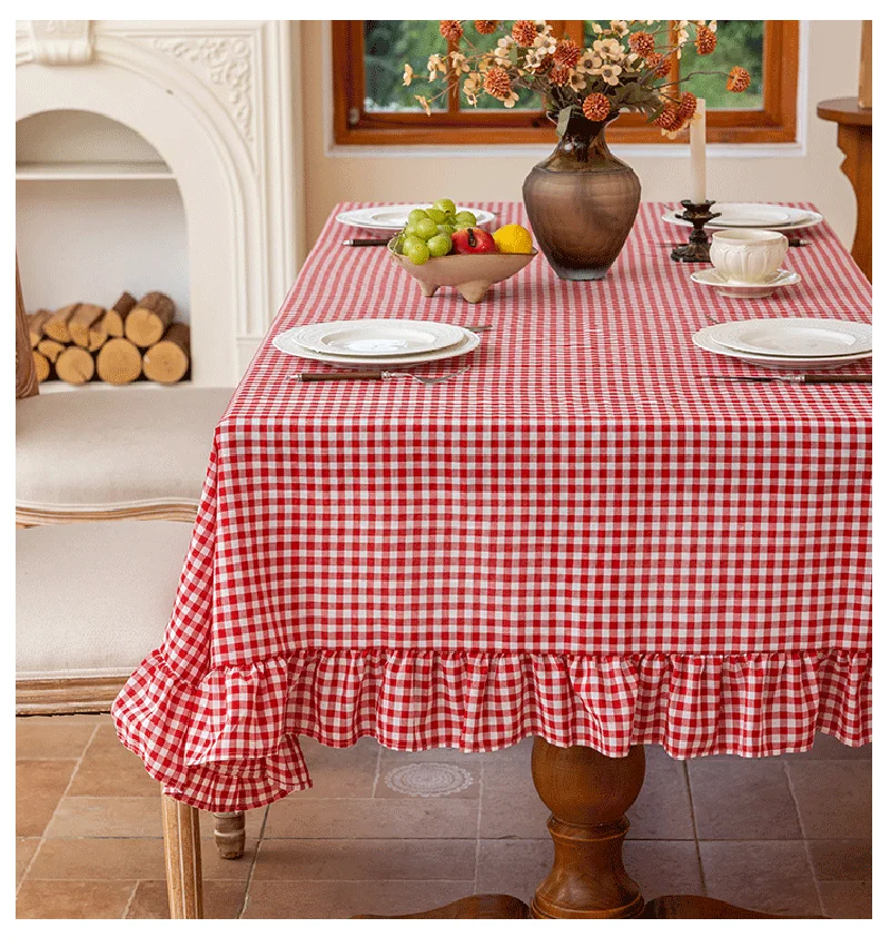 Red Plaid Ruffle Tablecloth,Cotton Linen Feel,Classic Farmhouse Style Table Cover for Kitchen Party Living Room Decoration