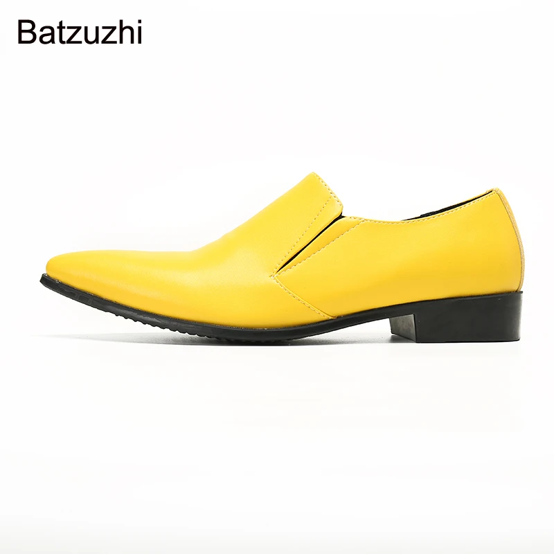 Batzuzhi Fashion Handmade Men\'s Shoes Bright Color Yellow Men Leather Dress Shoes Pointed Toe Party and Wedding Shoes Male!