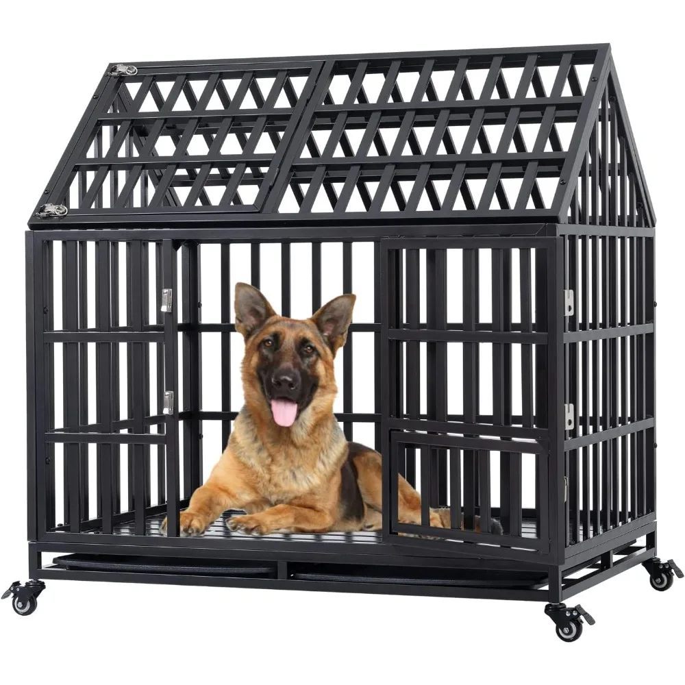 Dog Crate for Large Medium Dogs, Metal Pet Cage Kennel Crate Roof Strong Playpen with Sturdy Latches and 4 Lockable Wheels