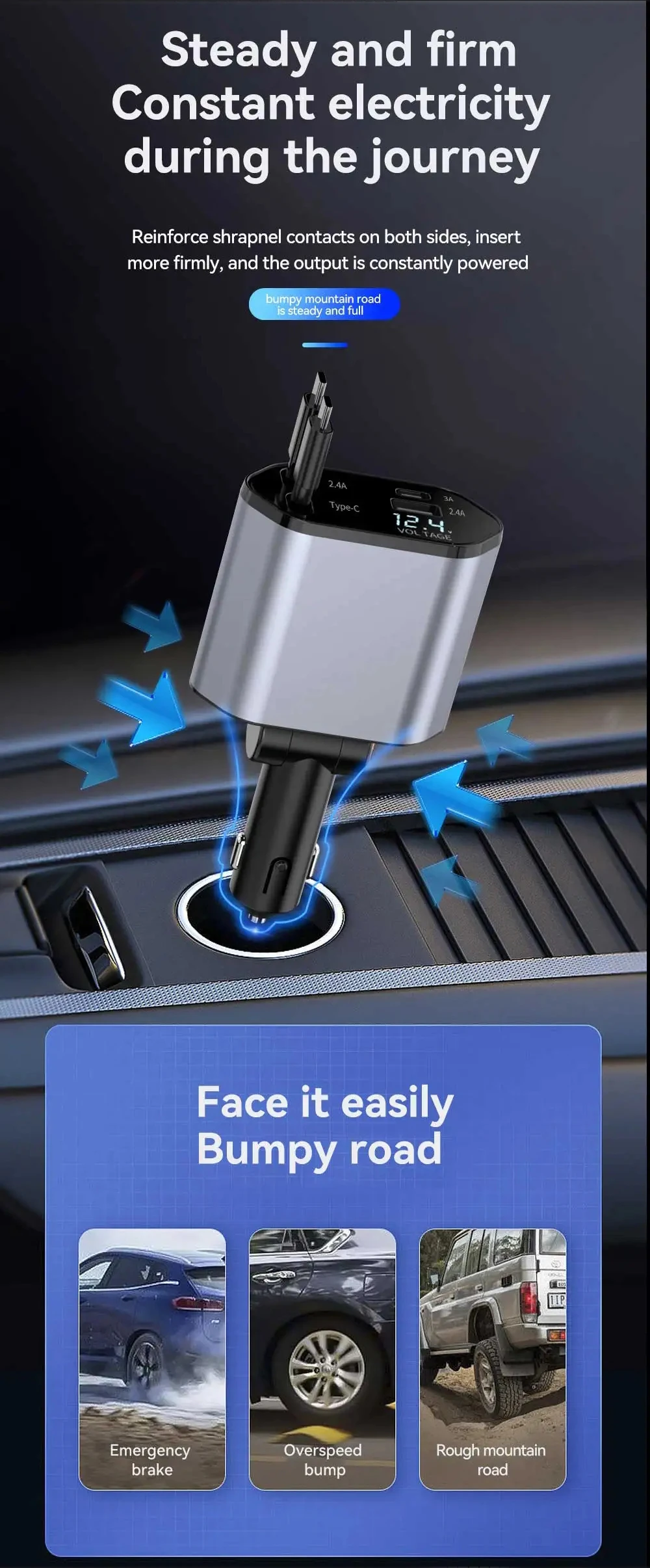 4-in-1 Einziehbares Auto-Ladegerät 120W USB-C Auto-Ladeadapter mit 2 USB-Anschlüssen für iPhone 16 15 Samsung – Detail 11