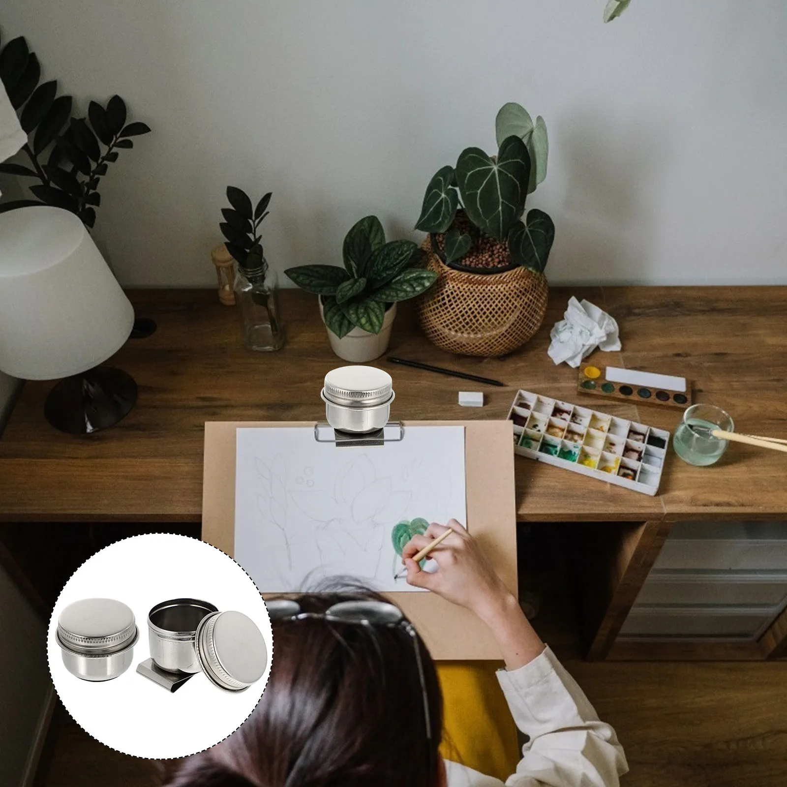 2 個オイルパレットカップステンレス鋼ブラシ洗浄ポット絵画ブラシクリーナーコンテナ色混合画材用