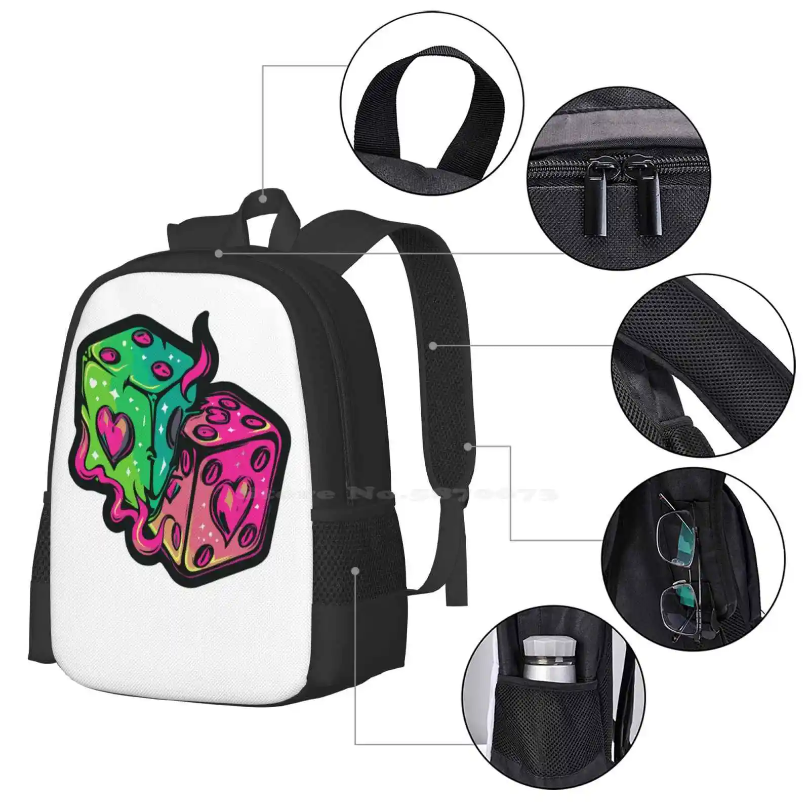 Neon Dice Hearts School Backpack, Fashion Bags, DicelGruNerd Cute Nette Digmanual Art Flames, Lovegame, Hot Sale