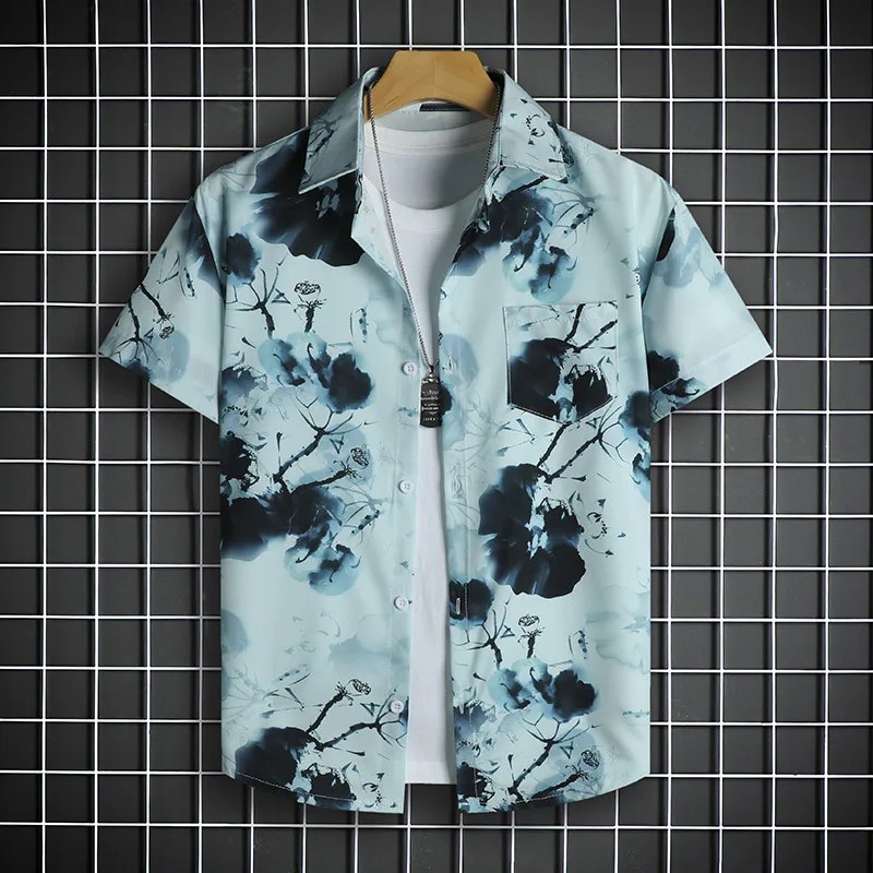 Men's Black and White Short Sleeved Ink Painting Print Casual Hawaiian Lapel Single Button Shirt Casual Fashion Plus Size Top