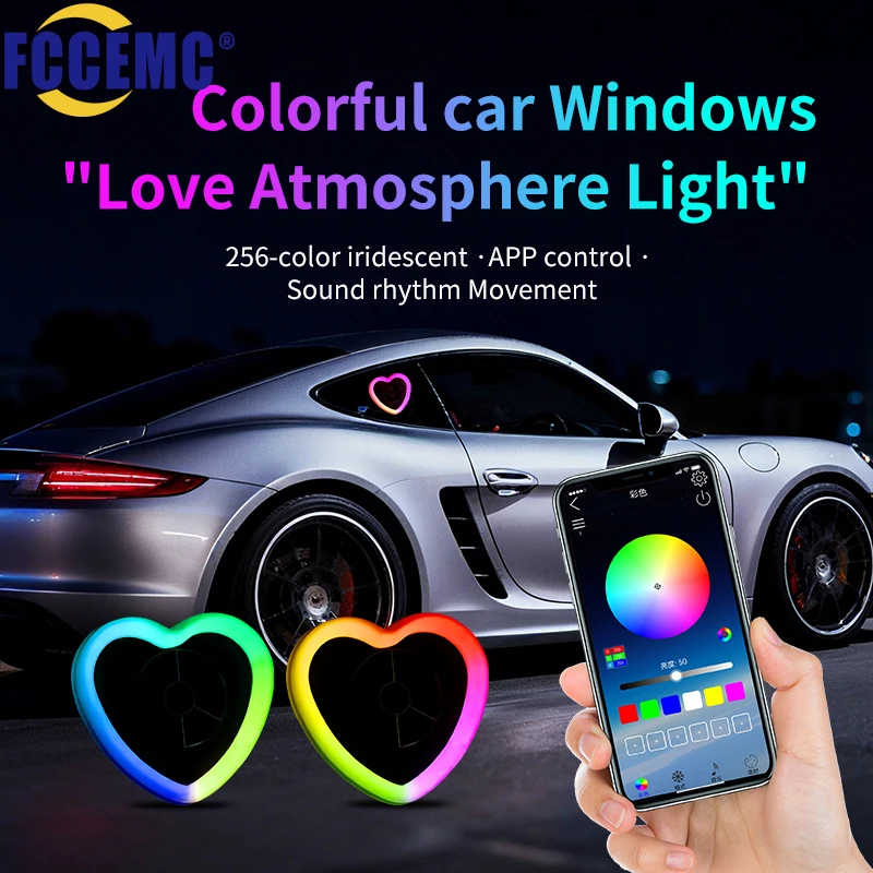 256 Colors Glowing Heart Car Window Atmosphere Light With Suction Cup USB Button APP Control LED Neon Ambient Mood Lamp