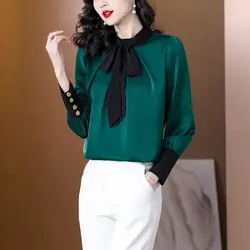 Spring Autumn Fashion Turn-down Bow Collar Long Sleeve Solid Color Blouses Women's Clothing Button Trend Loose All-match Shirts