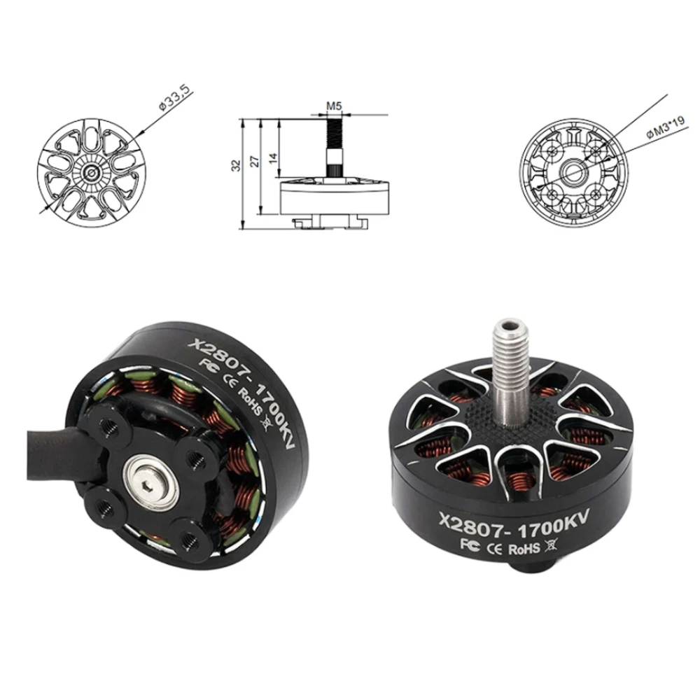 Borstelloze Motor X2807 2807 1300/1500/1700kv 2-6S 4Mm Lageras Motor Voor Rc Fpv Racing Drone Multicopter Diy Upgrade Onderdelen