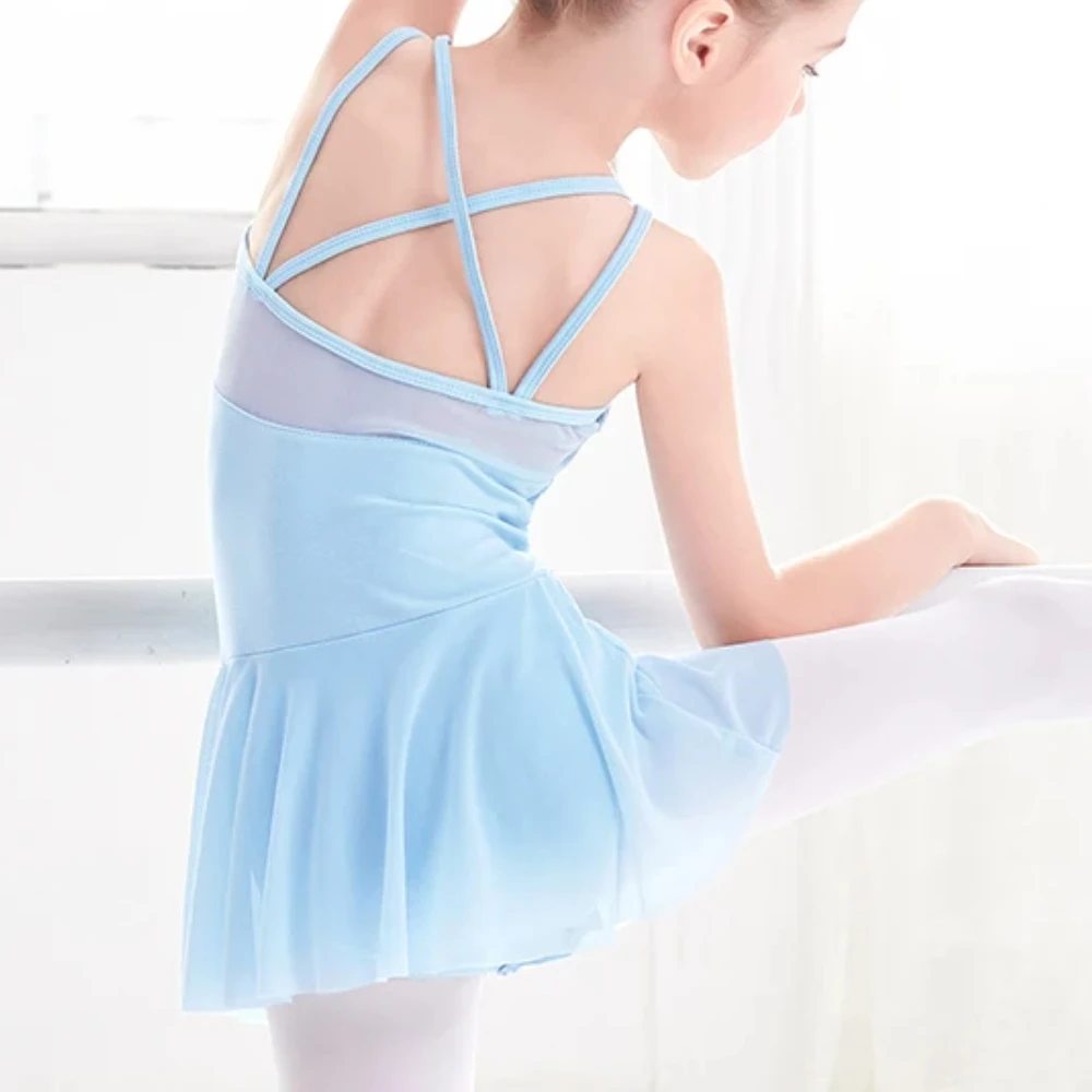 

Балетное платье для девочек, детское сетчатое платье на тонких бретельках с перекрещивающейся спиной, танцевальное трико с юбкой, балерина, гимнастические тренировочные платья
