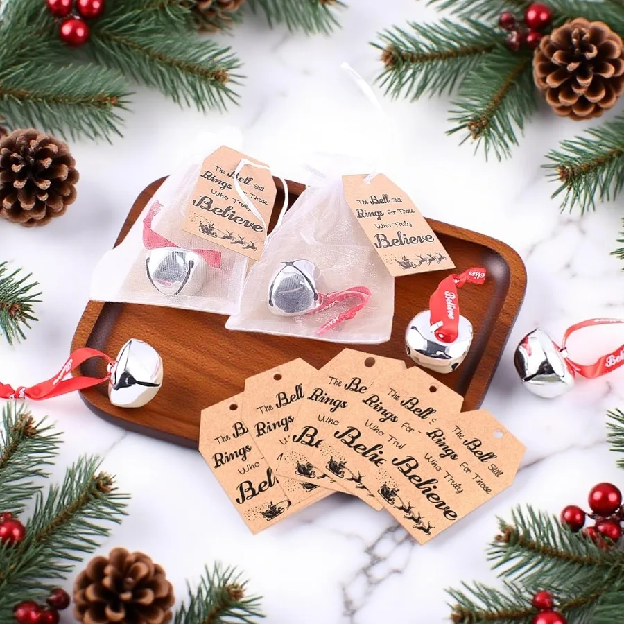 24 قطعة أجراس مزلقة فضية مجموعة زينة عيد الميلاد مع بطاقة صدق وشريط لصالح حفلات شجرة العطلات والمنزل D #6