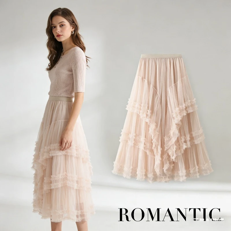 

Женская многослойная пышная юбка-тортик из сетки с изысканной кружевной отделкой, многоярусный дизайн, премиальная текстура, для повседневных и праздничных образов, нежная и романтичная.