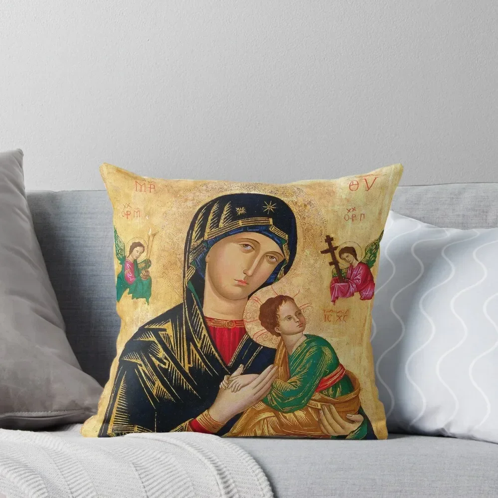 Our Lady of Perpetual Help, Russian orthodox icon, Madonna and Child, Virgin Mary Throw Pillow Decorative Cushions Pillow