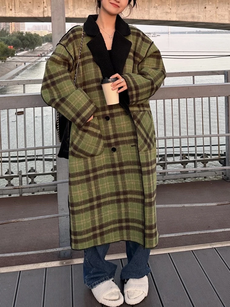 TWOTWINSTYLE Plaid Winter Thick Two Wear Wool Coat For Women Lapel Long Sleeve Double Breasted Vintage Coats Female Clothing New