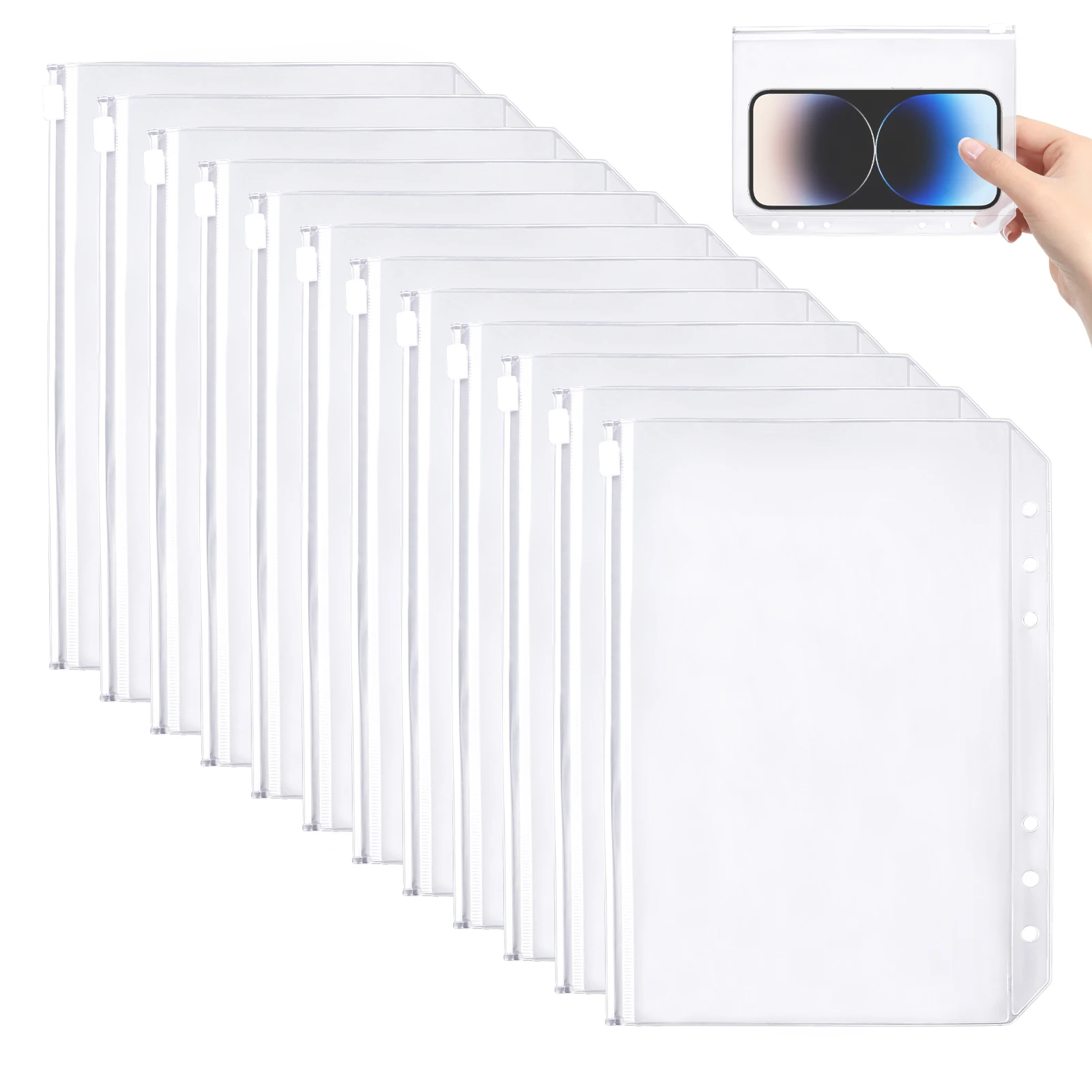 

12pcs A5 Binder Pocket With Zip File Storage Clear Folder Waterproof 6 Holes Envelope Home Office Cash PVC Card Multifunctional