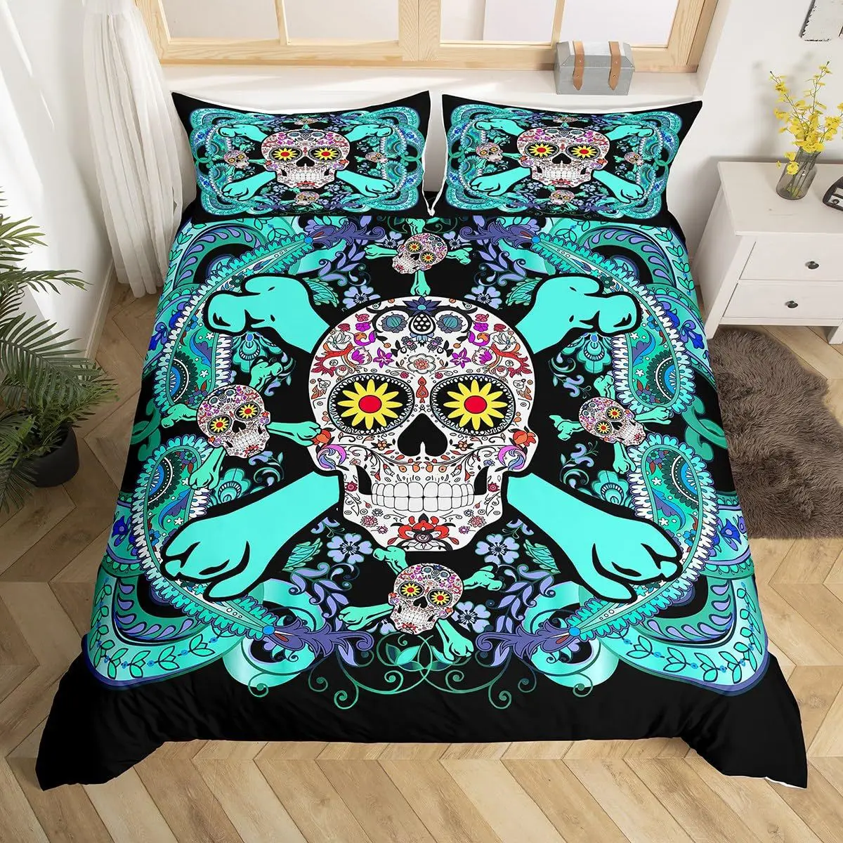 Sugar Skull Duvet Cover Twin Size, Mexican Flowers Leaves Butterfly Bedding Set, Retro Jungle Botanical Plants Comforter Cover