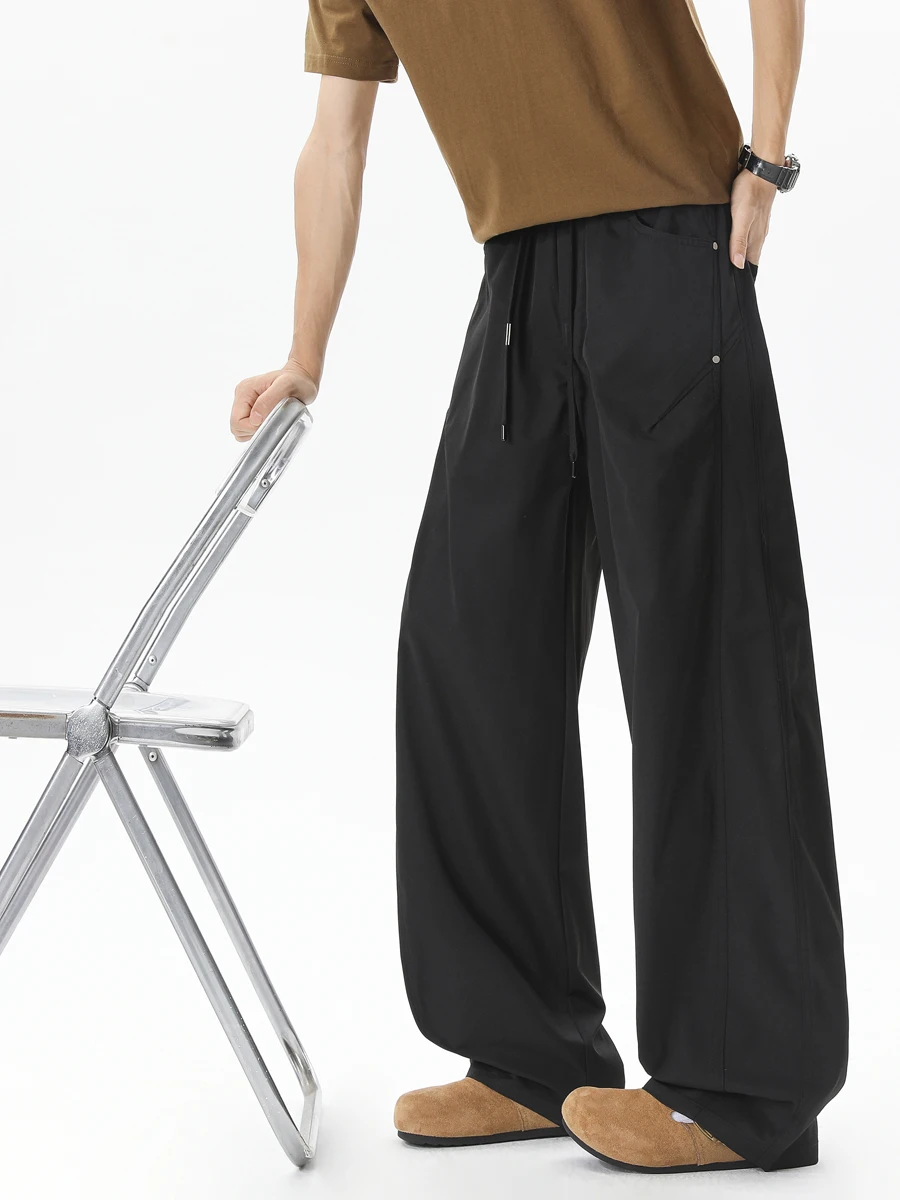 Vintage Straight Leg Men's Casual Pants Pure Color Wide Leg Loose Fit Floor Length Trousers Fashionable Brand Polyester Fiber