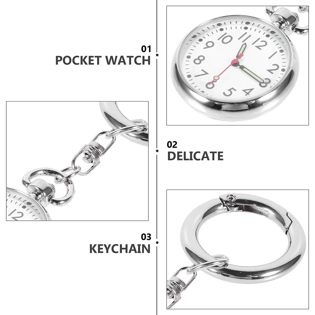 2Pcs Nurse Chest Hanging Watches Portable Keychain Pocket Watches Clear Pointer Medical Staff Practical Gift Durable Silver