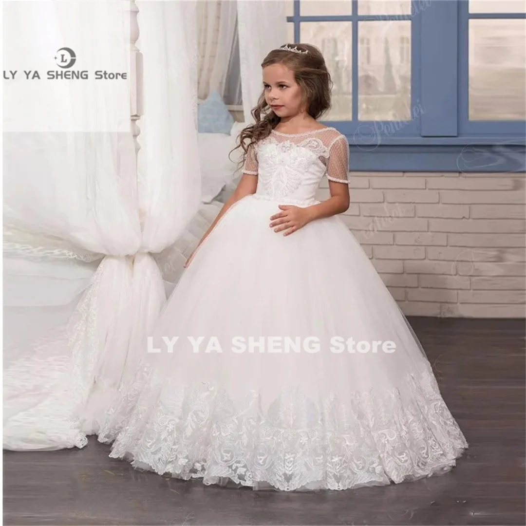 

Flower Girls Dresses for Wedding Lace Appliques Beading Short Sleeve Ball Gowns Custom Holy First Communion Gowns for Girls