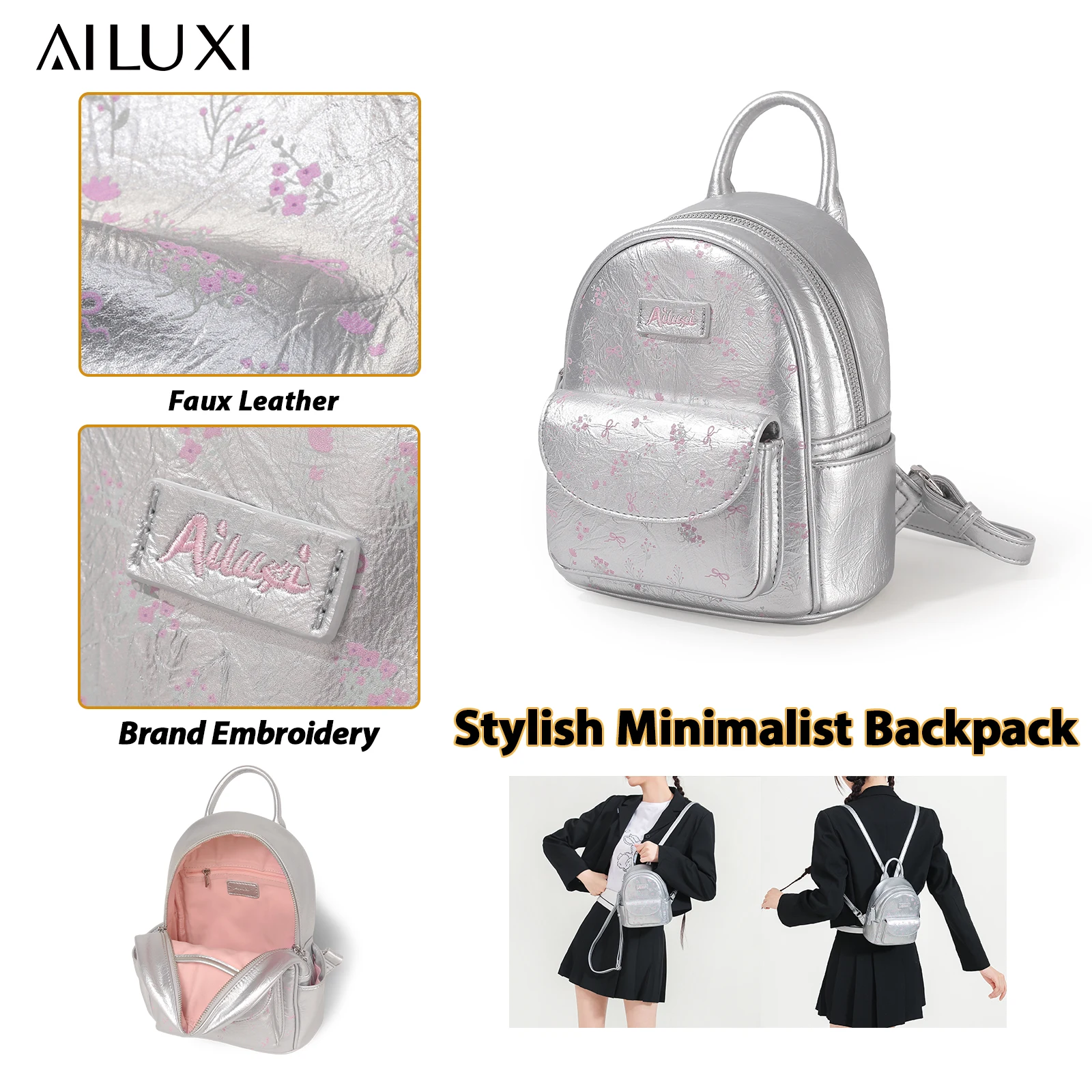 

AILUXI Women's Fashion Backpack 2025 New Original Designer Silver Travel Lightweight Small Handbag PU Leather Female SchoolBag
