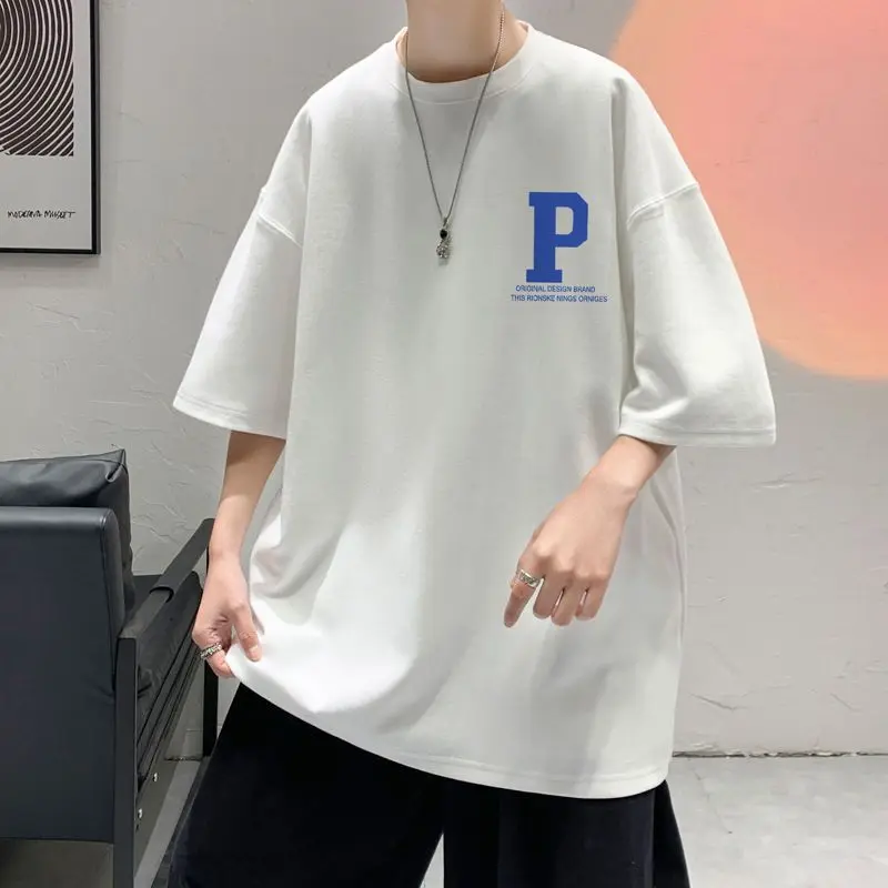

American trendy short-sleeved T-shirt for men Hong Kong style casual simple letter printing Korean style loose top for couples