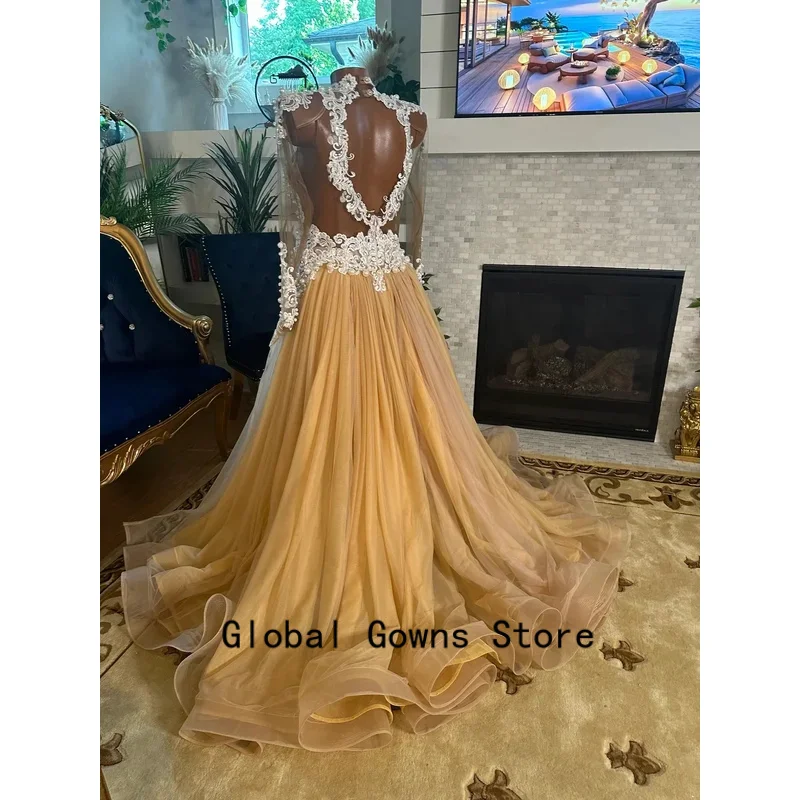Champagne Long Prom Dresses For Black Girls Long Sleeves Pearls American African Evening Gowns Birthday Party Robe Customized