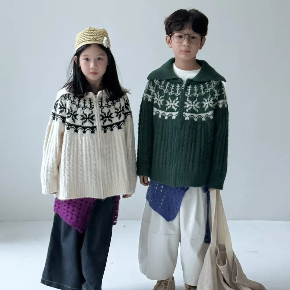 

Childrens Sweater 2025 Autumn Korean Zipper Retro Knitted Lapel Casual Sweater