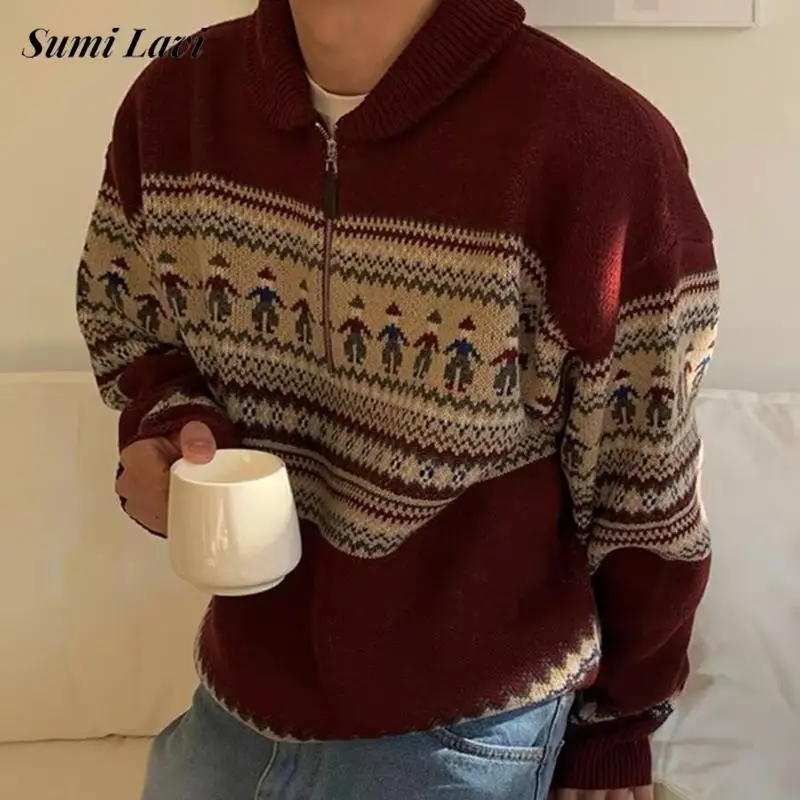 

2025 Fall Winter New Casual Men's Knit Jumpers Vintage Pattern Print Knitting Sweater Tops Men Fashionable Lapel Zipper Sweater