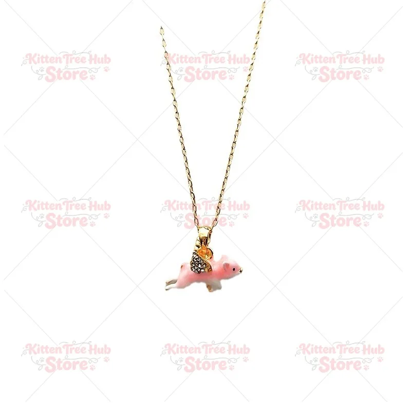 18K Gold-Plated Gemstone Cartoon Playful and Cute Painted Enamel Pink with Wings Flying Pig Necklace Earring