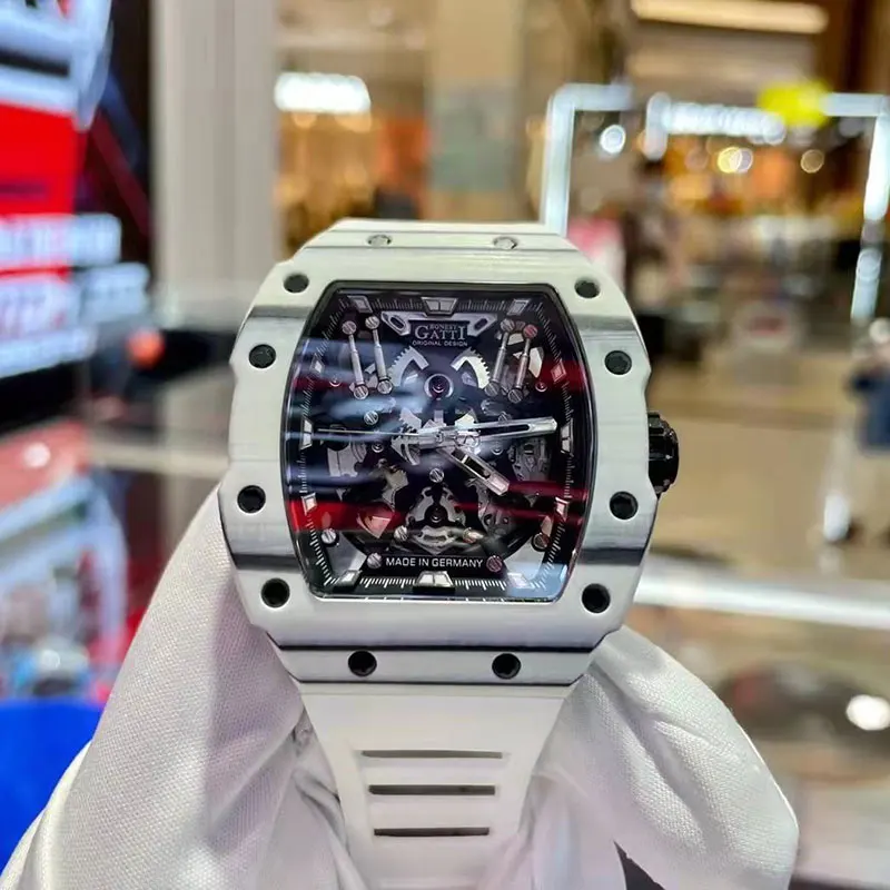 

BONEST GATTI Мужские автоматические часы Роскошные механические наручные часы Tonneau Светящийся безель из углеродного волокна Титановый ремешок из фторкаучука