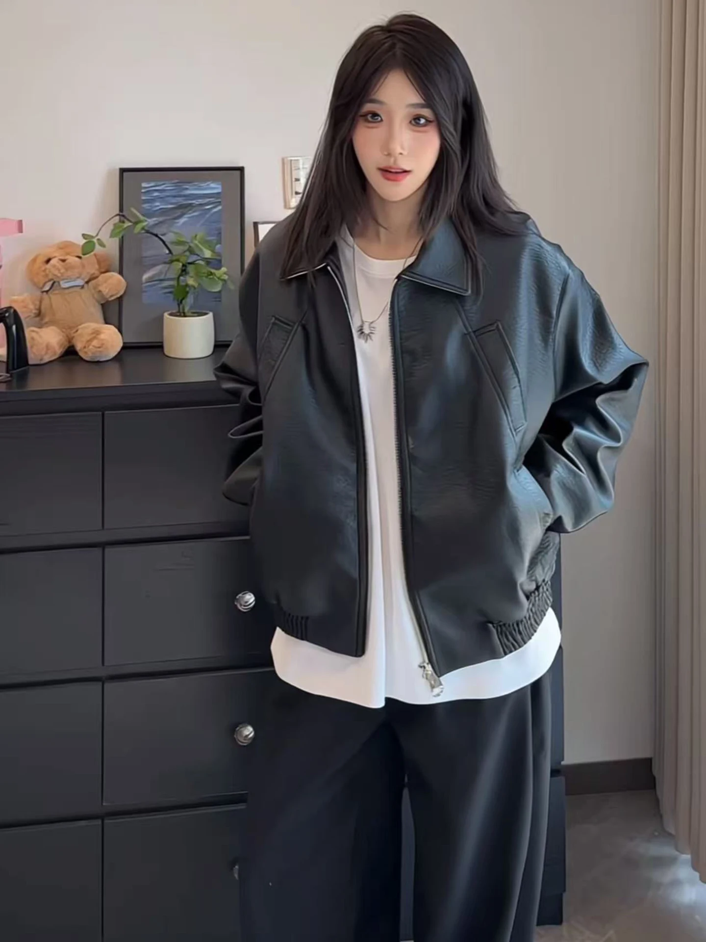 

Bla Deconstructed ort Motorcycle Jaet Men's Sli American Streetwear PU Leather Jaet Coat ape Collar Outerwear