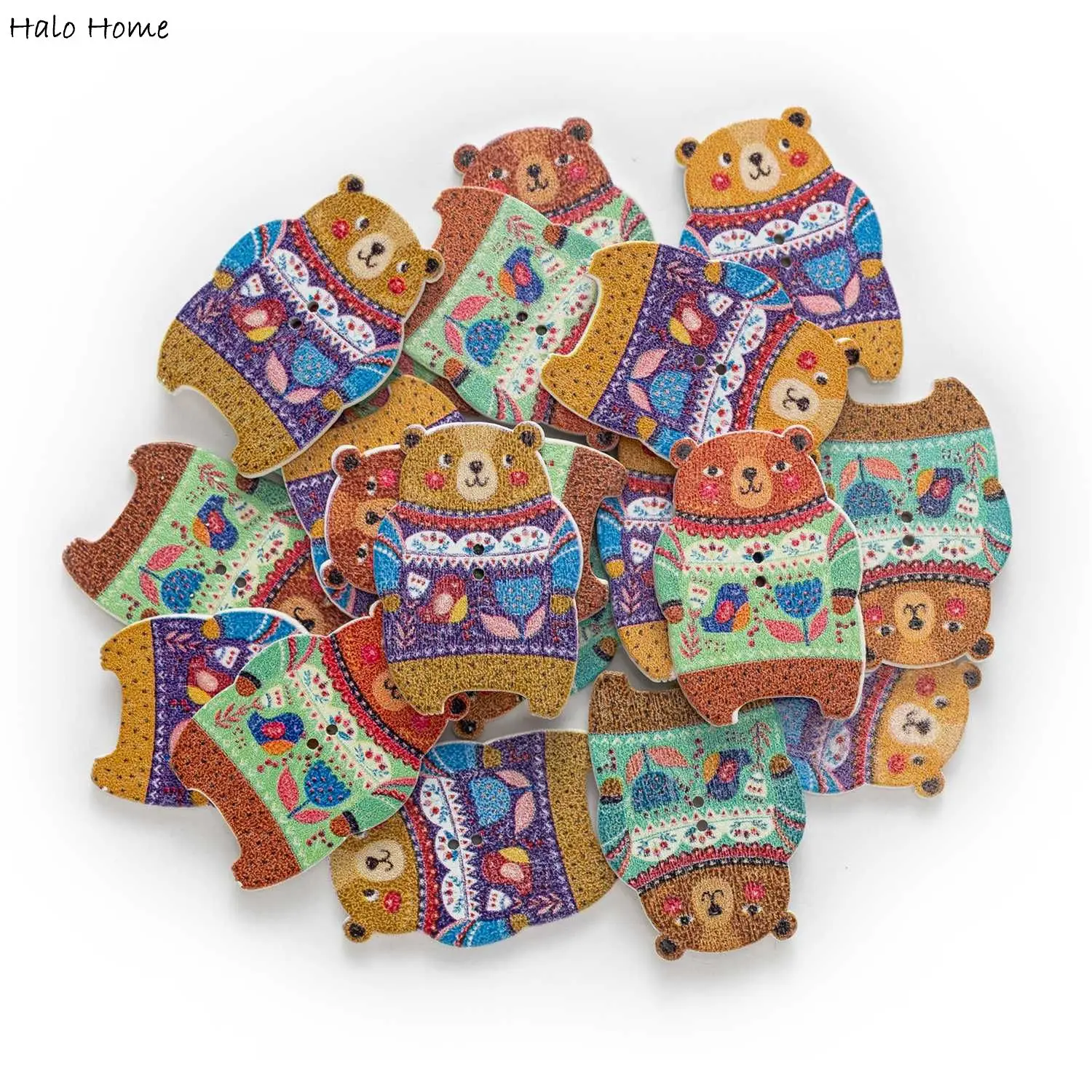 30pcs Bear Cartoon Retro Printing Wooden Button Handwork Sewing Scrapbooking Clothing Craft Cardmarking DIY 36x25mm