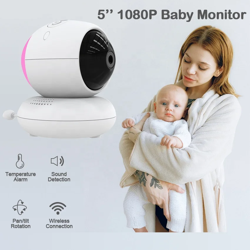 OEM 5'' 1080P Two Way Talk Audio Baby Monitor 2 4GHz FHSS Music Display Feeding Time Alarm Mini Baby Camera