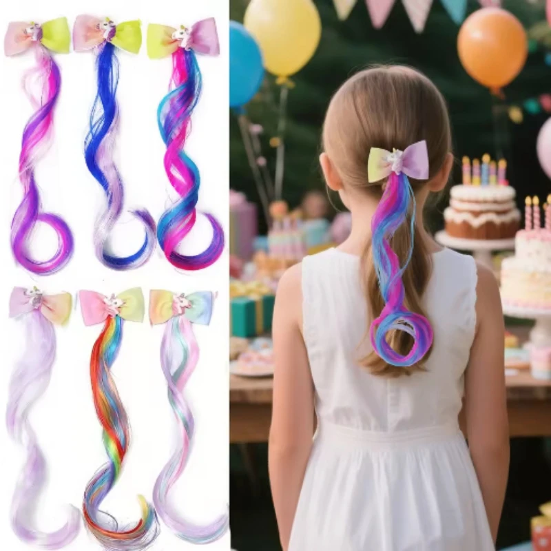 Unicorn Clip in Curly Hair Extensions Rainbow Color Hairpieces with Cute Alligator Clip Bows for Girls-Great for Gifts, Holidays