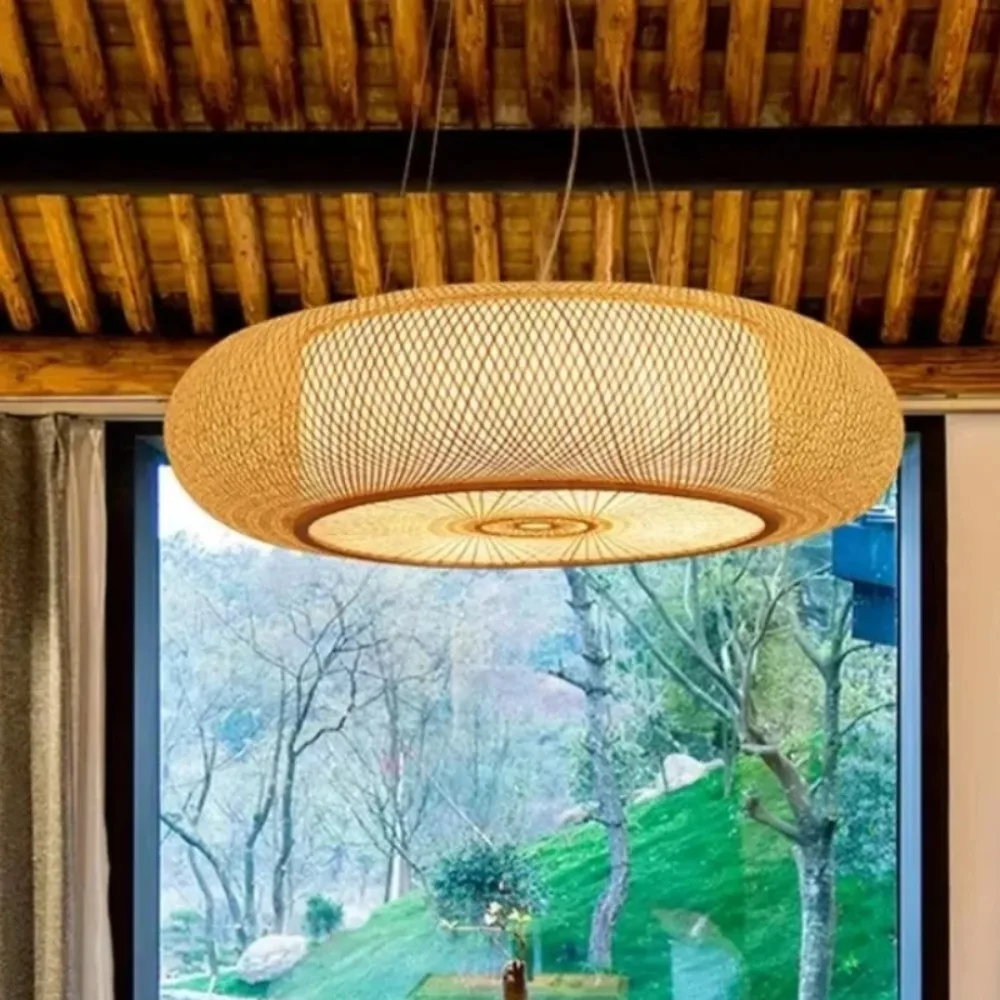 Joyinled vintage retro natural pingente de luz criativa decoração bambu lustres redondos para sala chá ilha sala estar dia.50cm