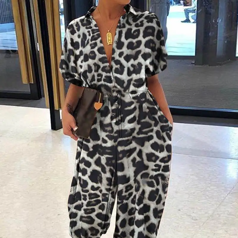 New Leopard Printed Jumpsuit Women 2024 Summer Short Sleeves Leace-up Pocket Casual Jumpsuits Fashion Vintage Ladies Bodysuits